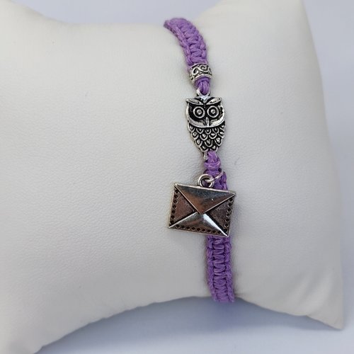 Bracelet hiboux chouette edwige macramé violet argenté antique inspiration harry p idée cadeau miss perles