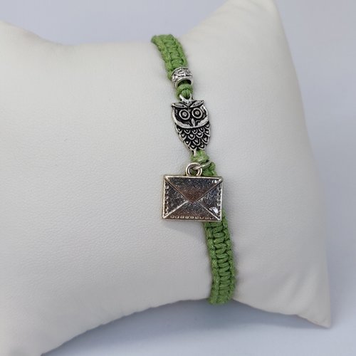 Bracelet hiboux chouette edwige macramé vert argenté antique inspiration harry p idée cadeau miss perles