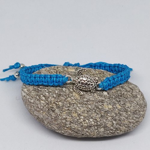 Bracelet macramé tortue argenté coton ciré bleu idée cadeau miss perles