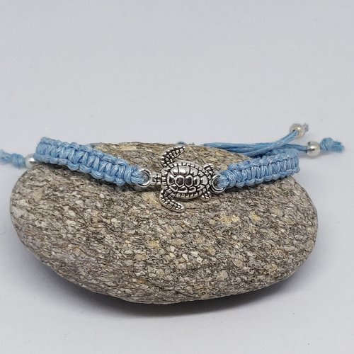 Bracelet macramé tortue argenté coton ciré bleu ciel idée cadeau miss perles