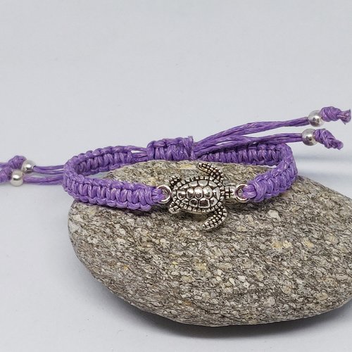 Bracelet macramé tortue argenté coton ciré violet idée cadeau miss perles