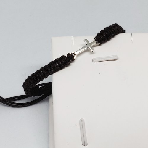 Bracelet croix argenté macramé marron minimaliste idée cadeau miss perles
