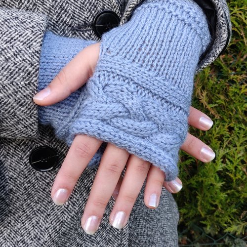 Mitaine outlander gants laine torsades bleu gris ecosse claire sassenach idée cadeau femme miss perles