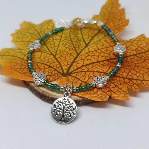 Bracelet arbre de vie médaillon zen argenté vert meditation protection yoga idée cadeau miss perles
