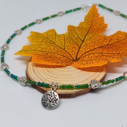Collier arbre de vie médaillon zen argenté vert feuille celtique meditation protection yoga idée cadeau miss perles