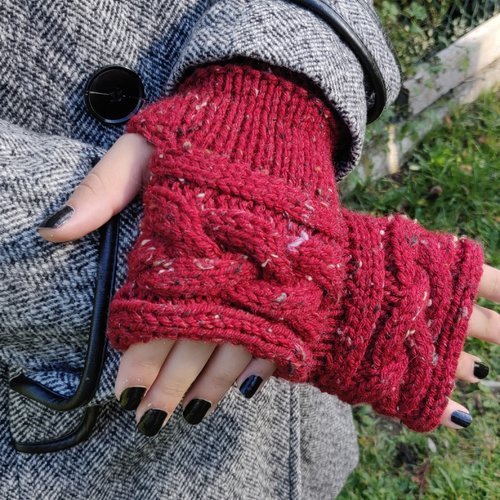 Mitaines outlander gants laine torsades rouge chiné ecosse claire sassenach idée cadeau femme miss perles
