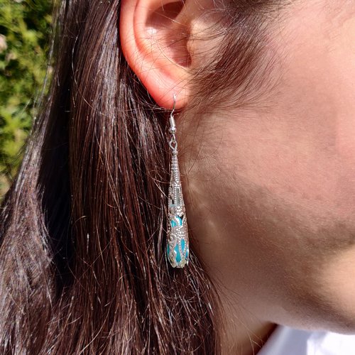Boucles d'oreilles longues celtiques médiéval turquoise argenté féérique outlander bijoux femme idée cadeau miss perles