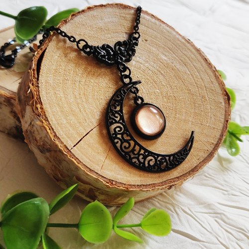 Collier lune celtique, collier phase de lune, noir filigrane, outlander, idée cadeau femme,  miss perles