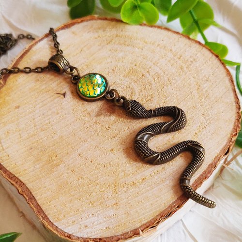 Collier grand serpent, collier écailles serpentard bronze, collier cabochon, idée cadeau homme