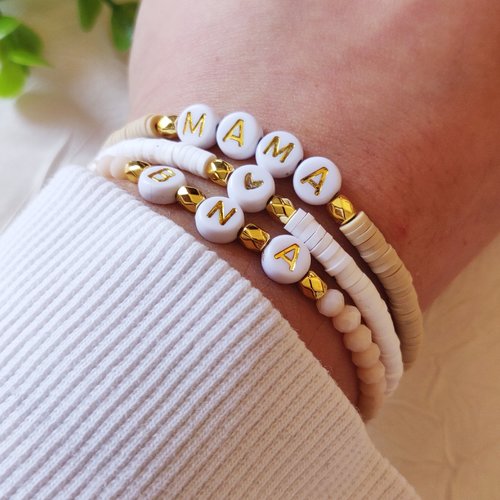 Bracelet personnalisé, perles heishi, lot de 3, bracelet nom, cadeau femme personnalise, cadeau fêtes des mères,  miss perles