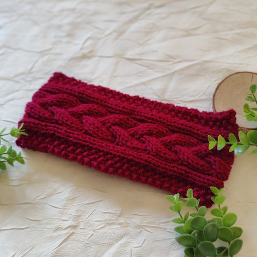 Bandeau de claire torsade celtique outlander laine rouge bordeaux ecosse irlande idée cadeau femme noel miss perles