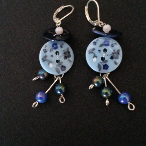 Boucles d'oreille  dormeuses avec boutons et perles bleu gris