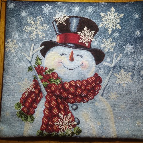 Coussin noël ( housse pour coussin) bonhomme de neige en toile  épaisse gobelin