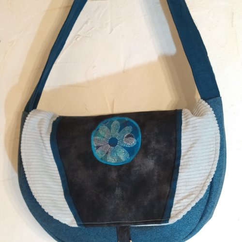 Sac à main velours bleu vert etsimili cuir noir