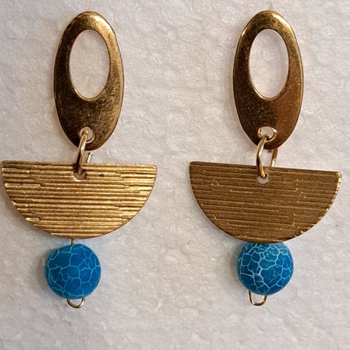 Boucles d'oreille géométrique  demi disque et perle en acier inoxydable