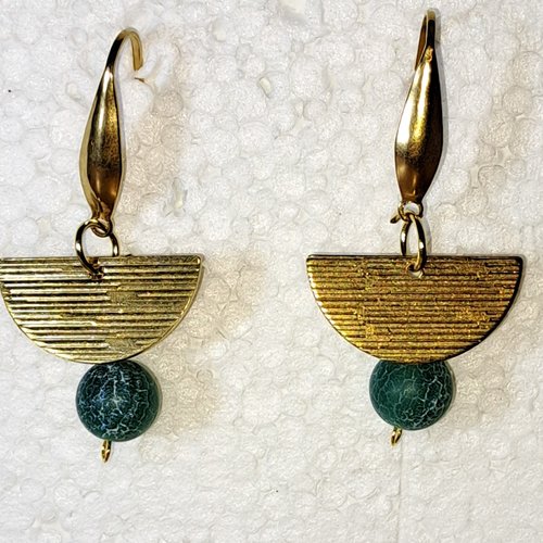 Boucles d'oreille géométrique  demi disque et perle en acier inoxydable