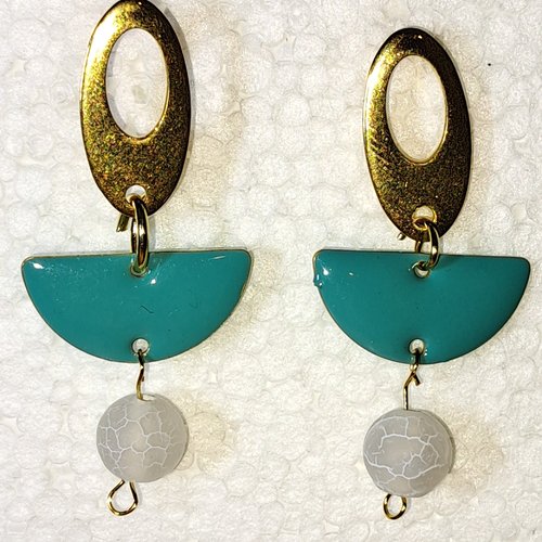 Boucles d'oreille géométrique  demi disque et perle en acier inoxydable