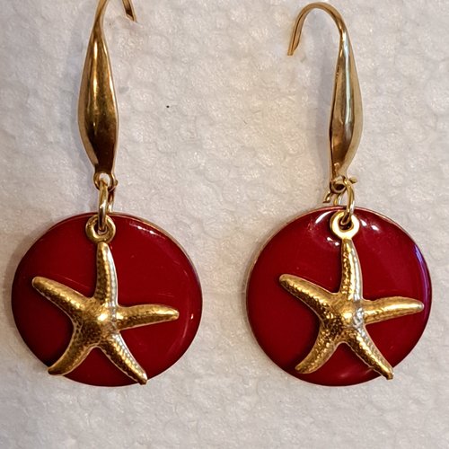 Boucles d'oreille géométrique disque  émaillé rouge et étoile en acier inoxydable