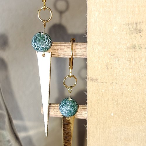 Boucles d'oreille géométrique triangle, perle verte, acier inoxydable