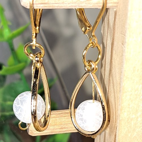 Boucles d'oreille géométrique goutte, perle blanche, acier inoxydable