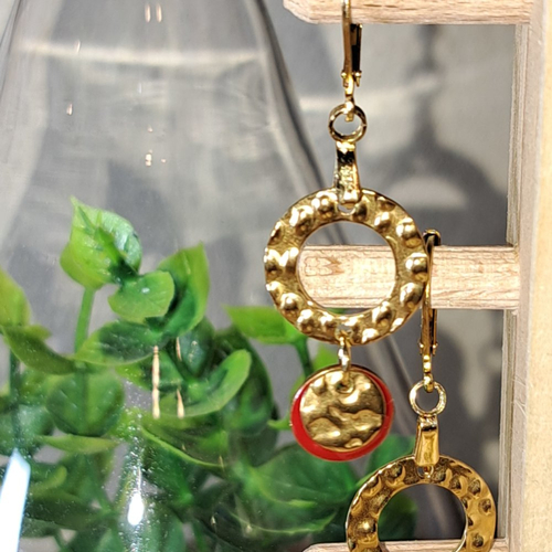 Boucles d'oreille géométrique disque  émaillé rouge, anneau, acier inoxydable
