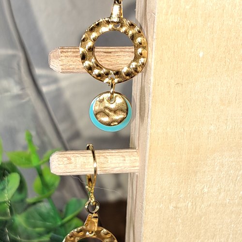 Boucles d'oreille géométrique disque  émaillé bleu, anneau, acier inoxydable