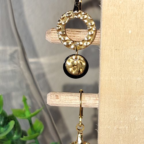 Boucles d'oreille géométrique disque  émaillé noir, anneau, acier inoxydable