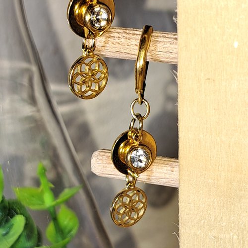 Boucles d'oreille géométrique fleur, graine de vie, diamant, acier inoxydable