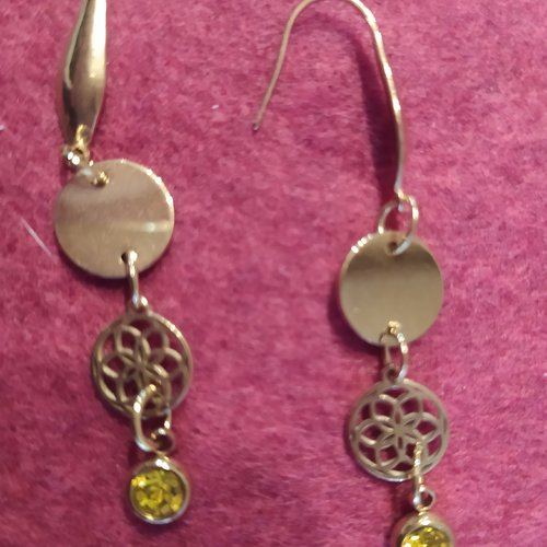 Boucles d'oreille géométrique fleur, graine de vie, diamant, acier inoxydable