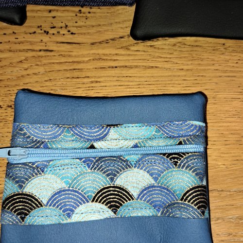 Porte monnaie en similicuir bleu  et tissu  bleu etor