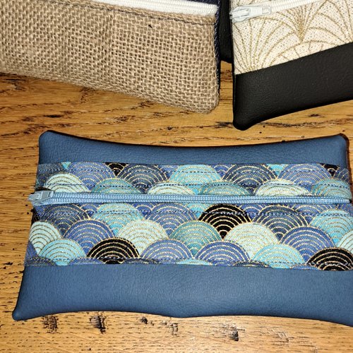 Étui lunettes en similicuir et tissu bleu or