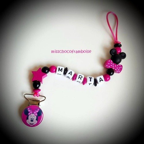 Clip attache tétine personnalisée perles en bois minnie