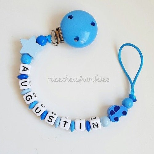 Clip attache tétine personnalisée perles en bois voiture