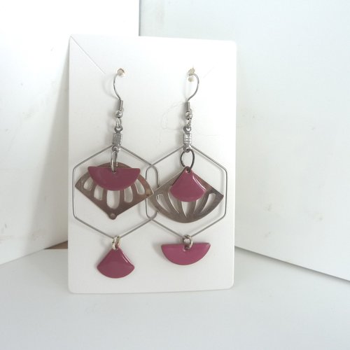 Boucles d'oreille crochet, asymétrique vieux rose et argent