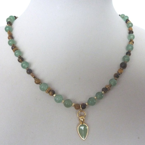 Collier, pierres gemme, aventurine et oeil de tigre hématite dorée