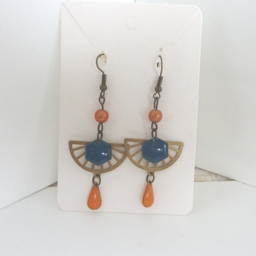 Boucles d'oreille crochet bronze, orange et bleu foncé