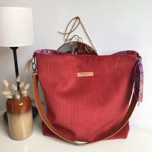 Sac cabas velours et liberty, sac bandoulière