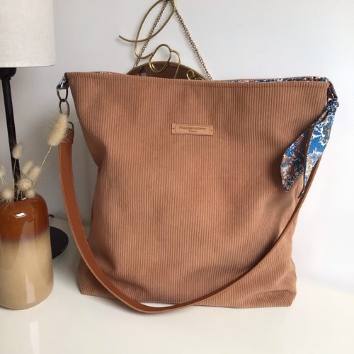 Sac cabas velours et liberty, sac bandoulière
