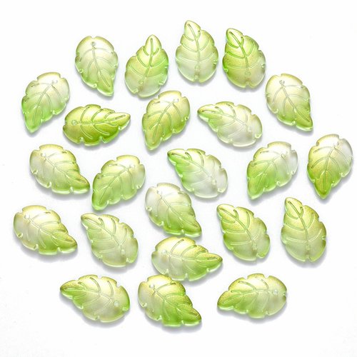 10 perles en verre feuilles 23x15mm vert et or