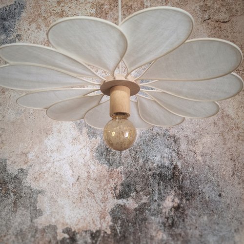 Suspension, pâquerette, la petite, 12 pétales, rotin et lin blanc