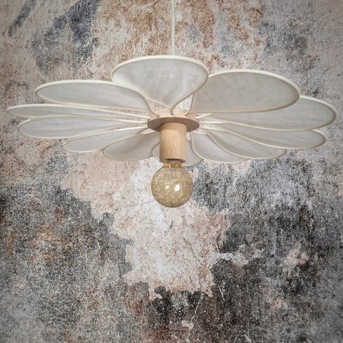 Suspension, pâquerette, la petite, 12 pétales, rotin et lin blanc