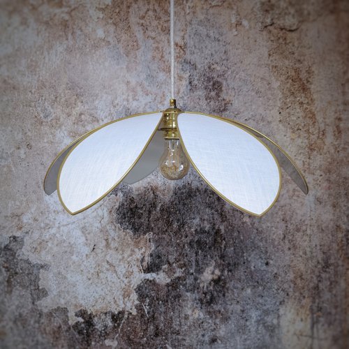 Suspension, lotus, 6 pétales, structure métal, lin blanc