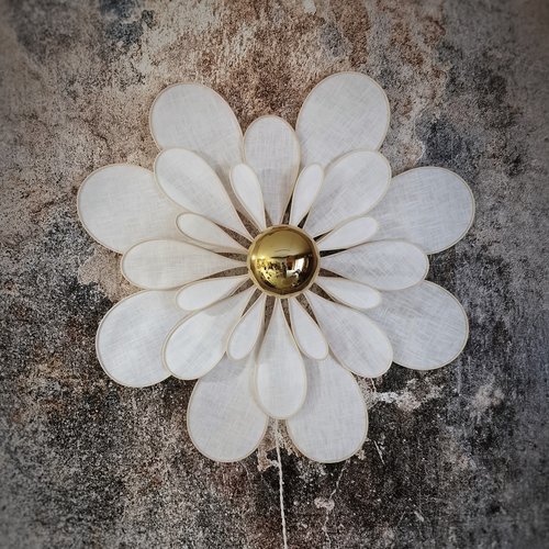 Applique, décoration murale, marguerite, la grande, 24 pétales, rotin et lin blanc