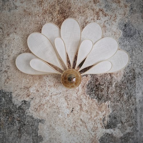 Applique, décoration murale, art déco, la classique, 11 pétales, rotin et lin blanc