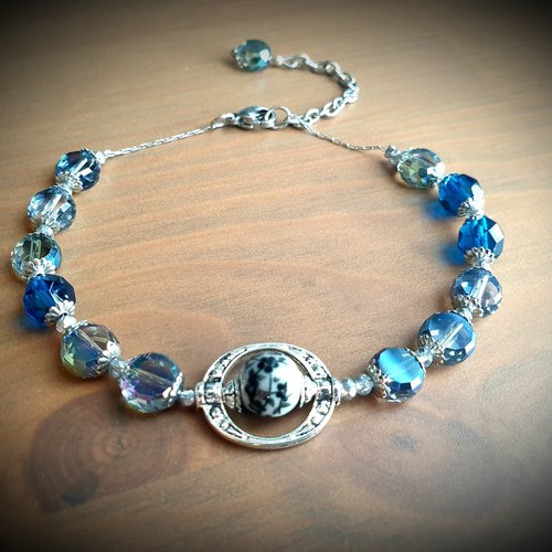 Bracelet style ancien victorien romantique perle plate bleue perle grise fleurie bracelet argenté ajustable réglable création unique