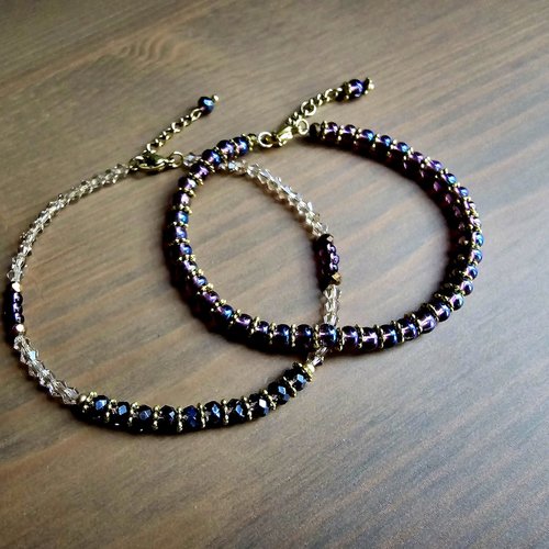 Lot 2 bracelets ajustables romantique bohème ancien chaîne dorée acier inoxydable perle cristal facette violette création modèle unique