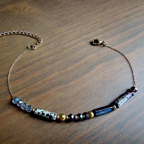 Bracelet bohème romantique vrai perle naturelle pierre tube poli noire grise violette différente couleur chaine dorée acier inoxydable