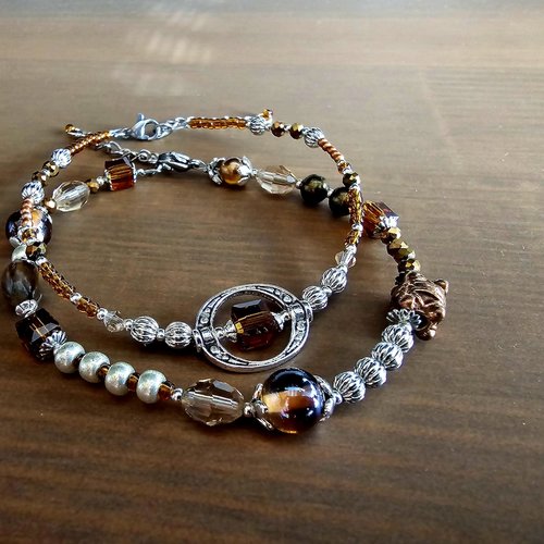 Lot 2 bracelets chaine argentée bohème romantique hippie style vintage ancien perle marron argent fait main modèle unique perle ronde