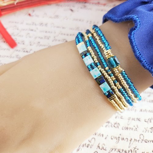 Lot 4 bracelets élastique fin miyuki tila fait main perle ronde bleue facette dorée brillante scintillante couleur création unique