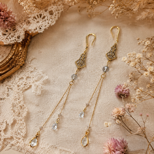 Boucle d'oreille pendante chic romantique bohème perle ronde transparente strass breloque chaine inoxydable dorée modèle création unique